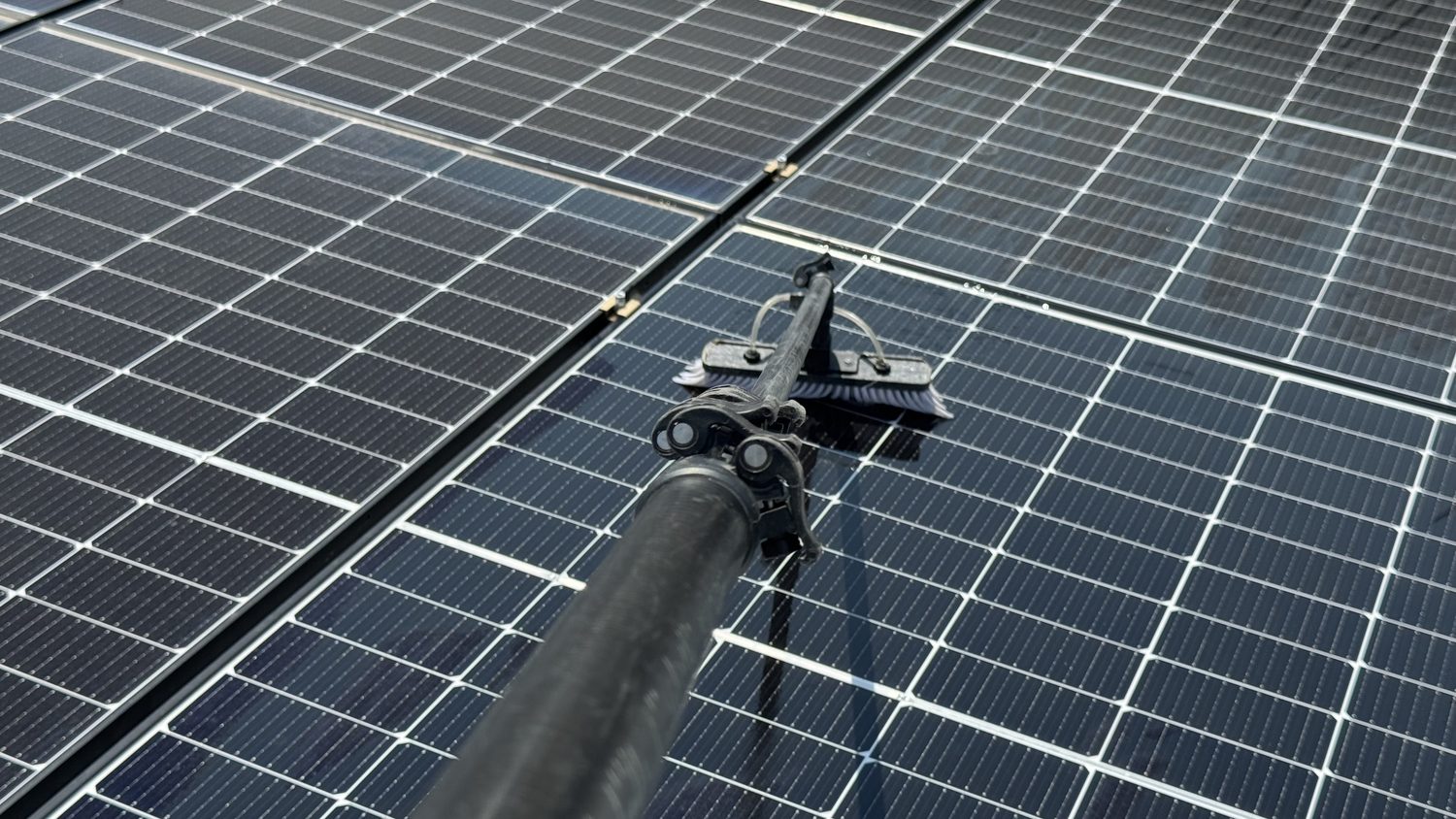 Soft brush head of a water-fed pole cleaning the glass of a solar panel