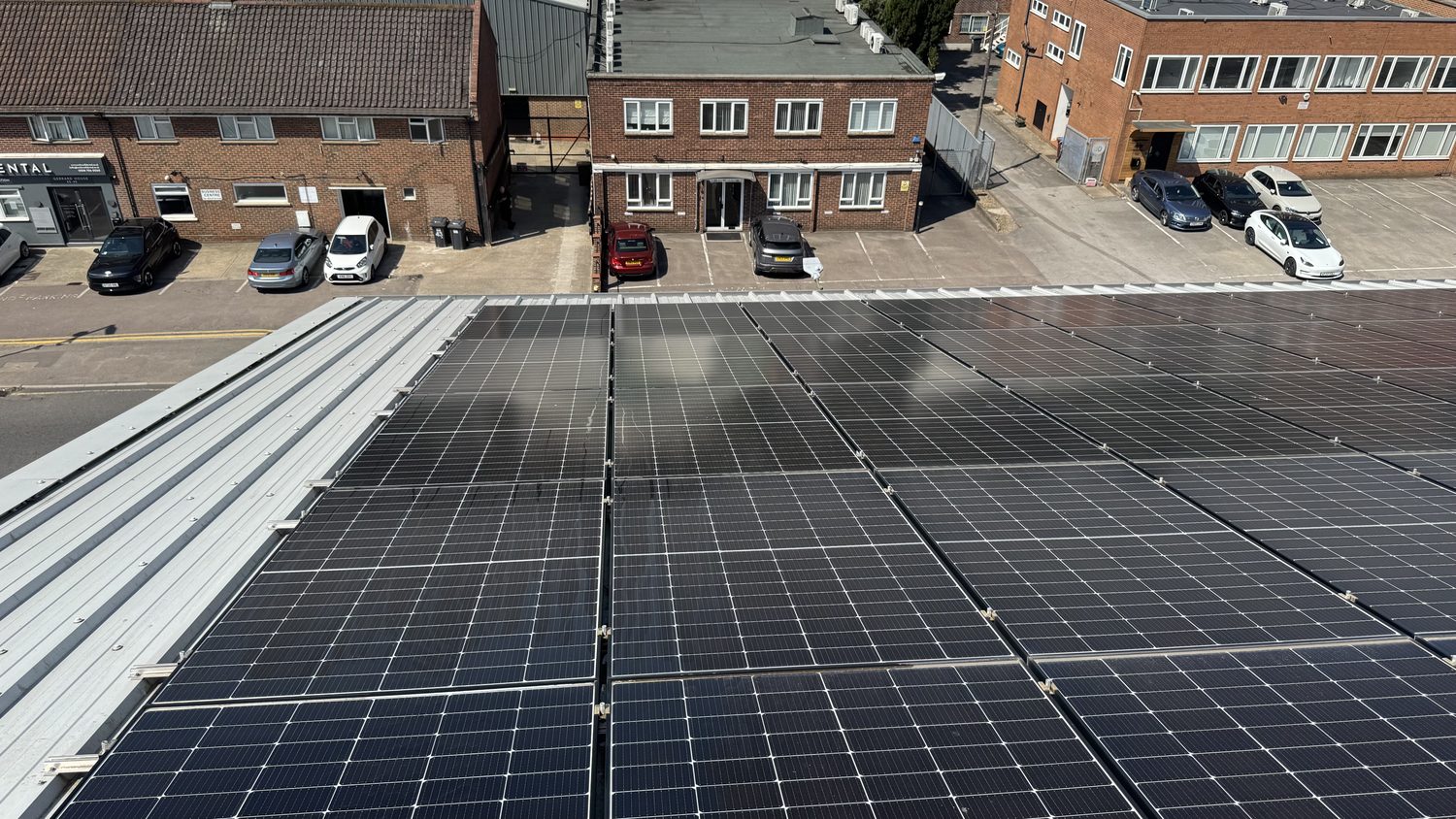 Rooftop solar array on a commercial estate in Borehamwood, Hertfordshire