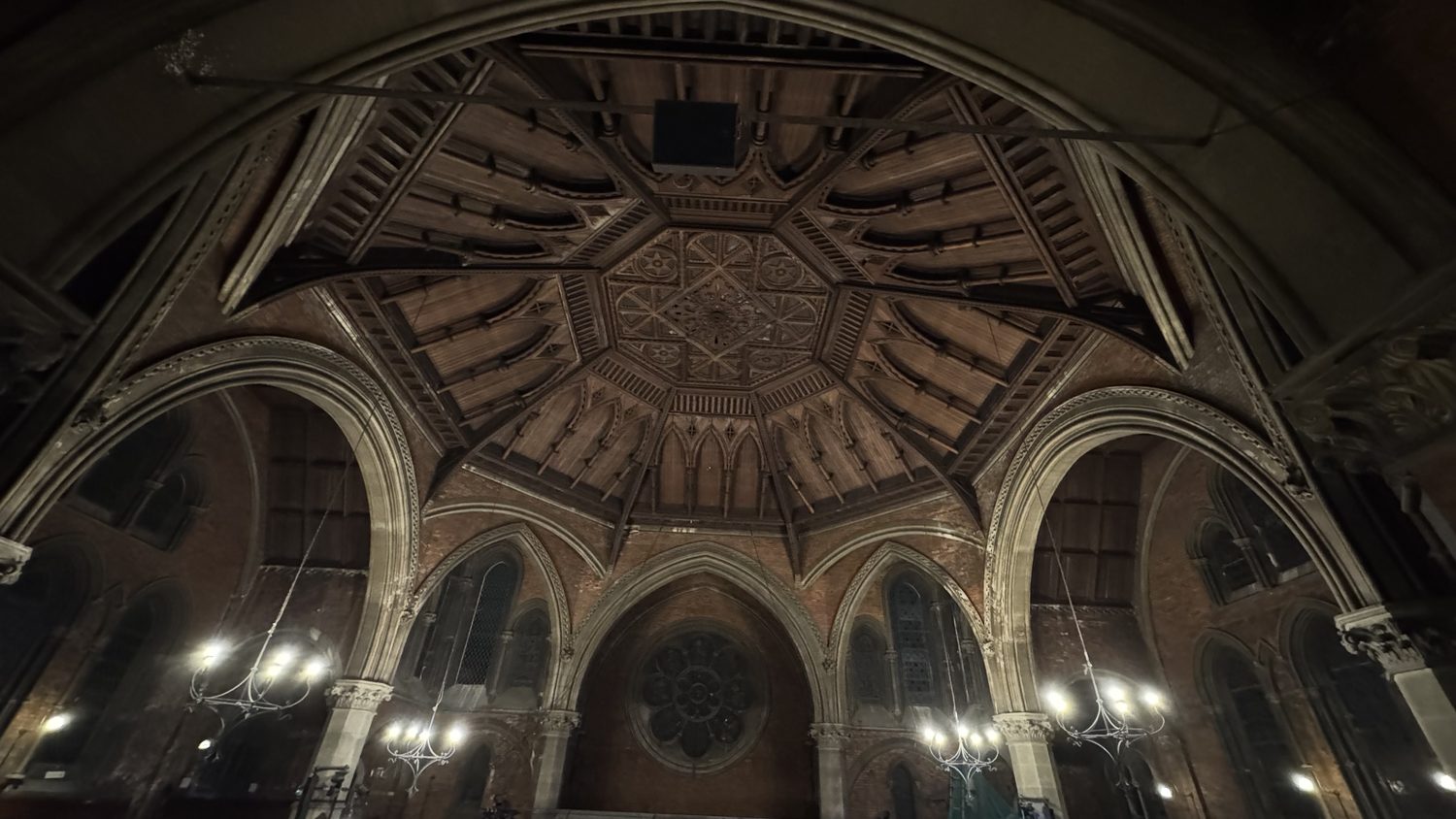 Timber and brick vaulted roof structure of the main chapel space before the netting was installed